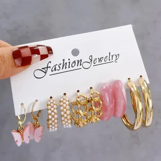 Vintage Butterfly Pearl Big Circle Drop Hoop Earrings Set (5 pairs)